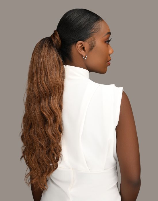 Feme 2-in-1 Nora synthetic half wig and ponytail hair in ponytail back side view