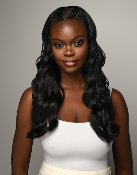 Model wearing Feme Half Wig Aaliyah