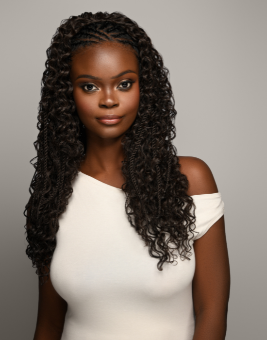 Model wearing Feme Half Wig Mariah