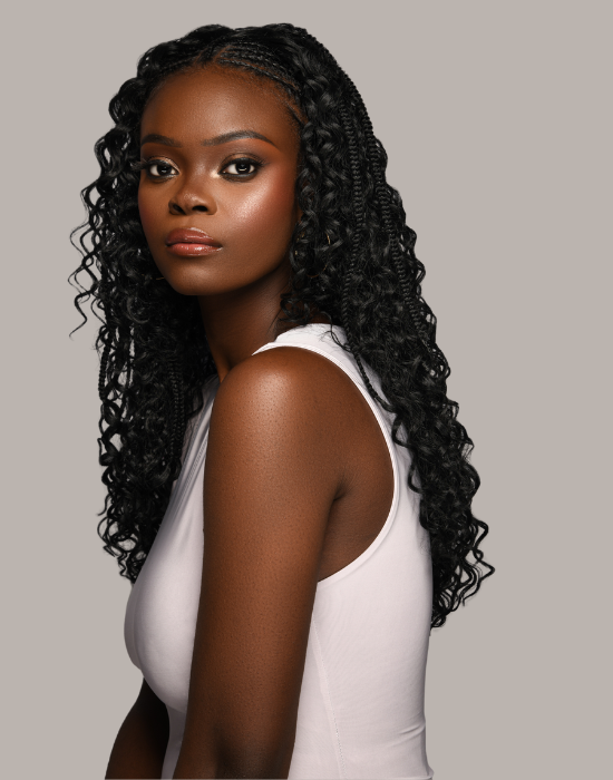Model wearing Feme Half Wig Whitney