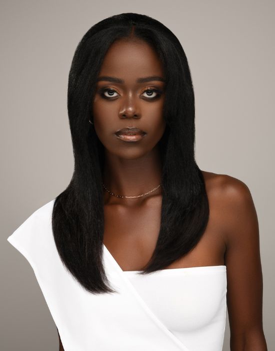 Feme 2-in-1 Human Hair Mia half wig - front view of hair down. Long, straight, yaki textured human hair style with a tapered V-cut at the back and layered look at the front.