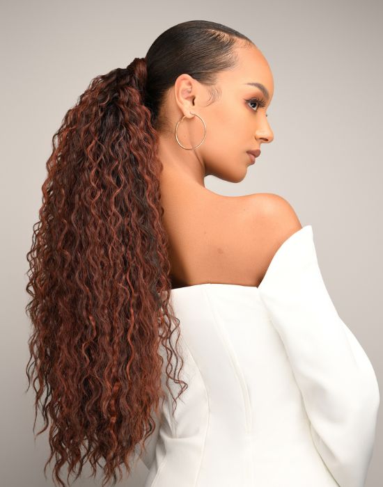 Feme 2-in-1 Zuri synthetic half wig hair up in ponytail back side view